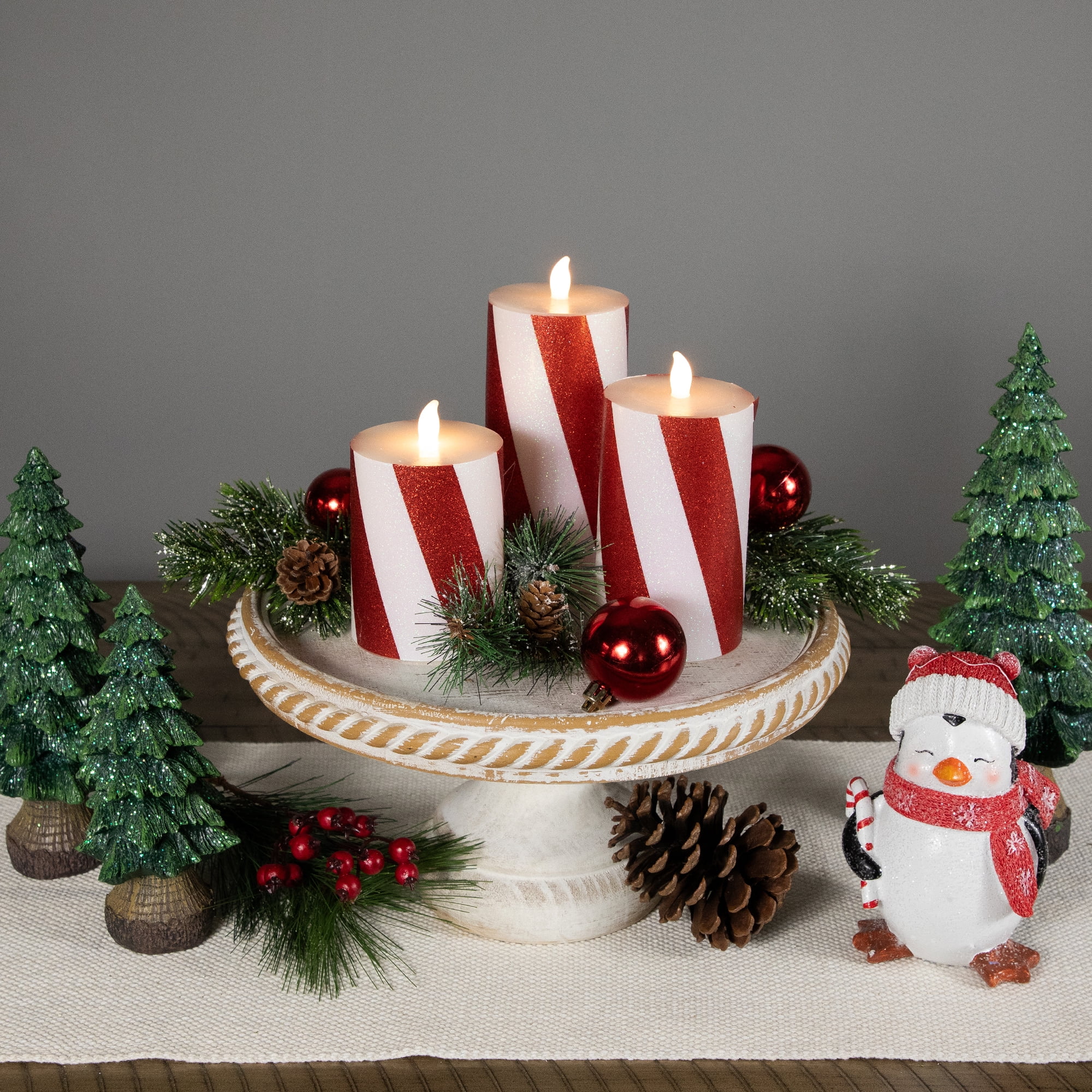 Northlight LED Flameless Flickering Candy Cane Wax Pillar Christmas Candles - 6" - Set of 3