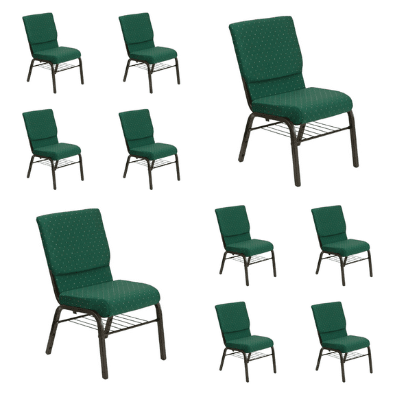 (10 PACK) 18.5'' Wide Green Patterned Fabric Church Chair with Book Rack and Gold Vein Frame - Multipurpose Stackable Office Side Chair