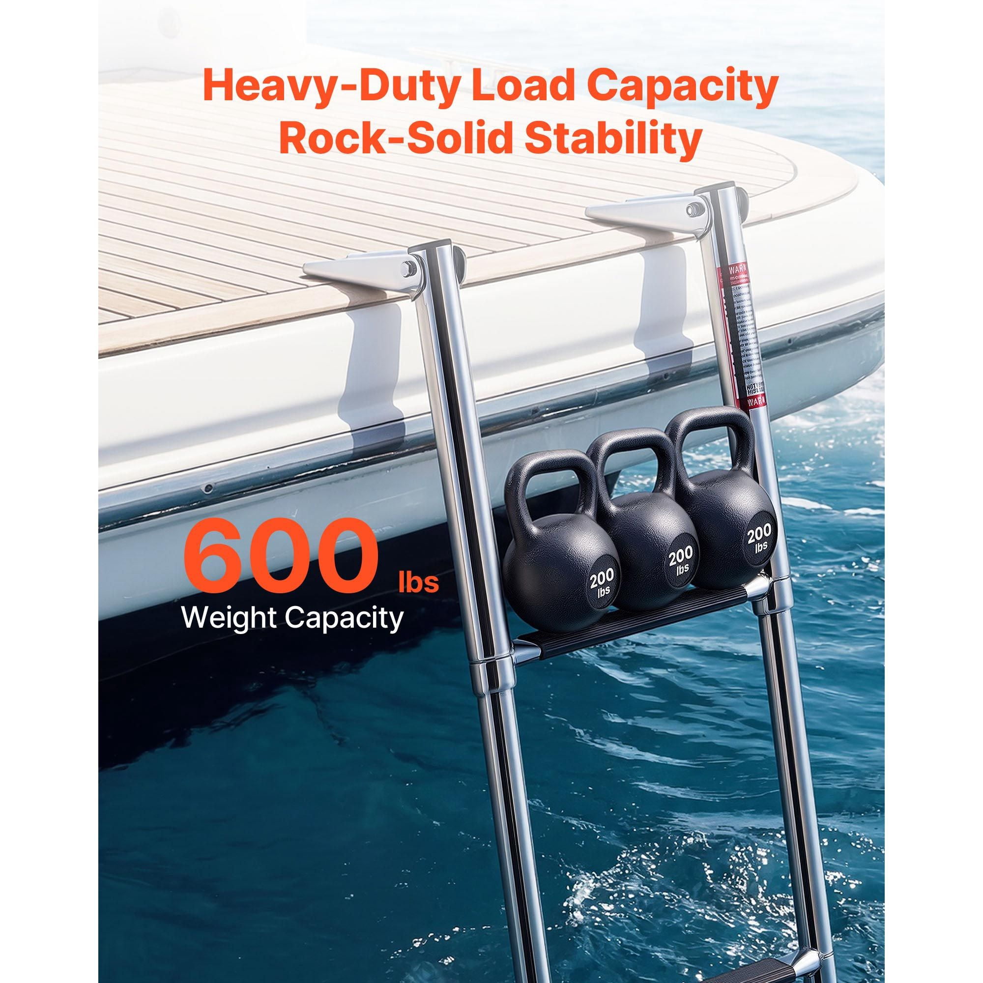 3 Steps Boat Ladder, Stainless Steel Telescoping Folding Swim Deck Ladder for Rear Entry Inboard, Heavy Duty 600 lbs Capacity with Wide Anti-Slip Steps, for Outboards, Yacht, Pontoon Boats