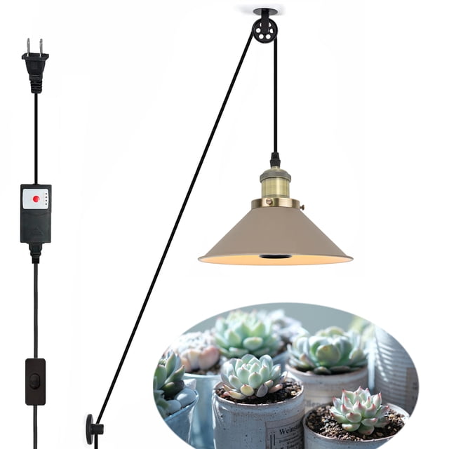 FSLiving Timer Hanging Grow Light for Indoor Plant Full Specturm, Plug in Light with 4500K 10W Focusing Grow Spotlight Bulb, Small Grow Lamp with Pulley for Indoor Seed Plant Flower Output(Khaki)