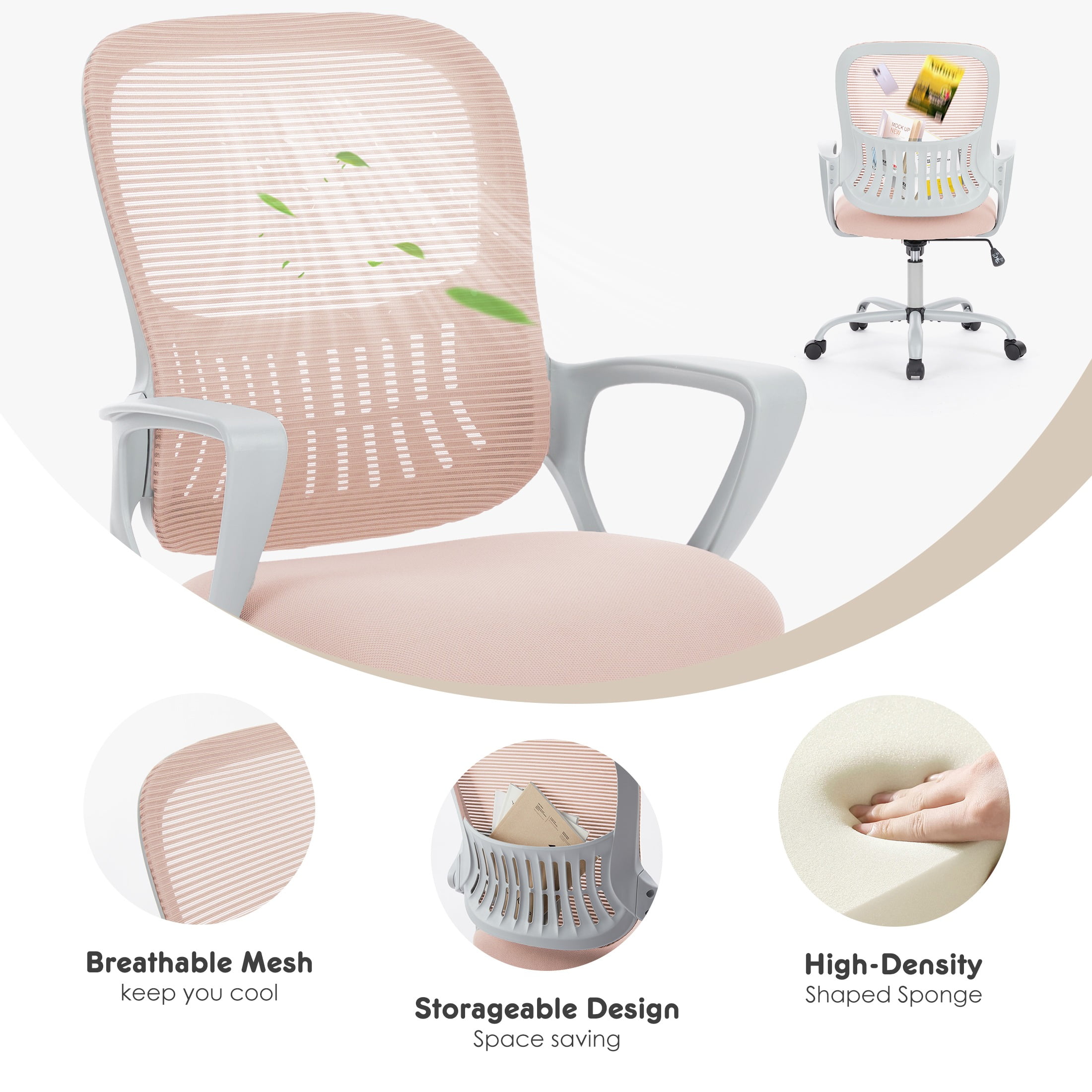 EDX Home Office Mid Back Mesh Desk Chair with Comfortable Armrests and Cushion, Pink