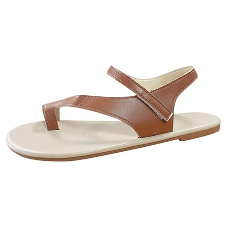 

CAICJ98 Platform Sandals Womens Sandals Flats Shoes for Women Summer Bohemian Beaded T-Strap Elastic Ankle Strap Slip On Gladiator Sandal Brown