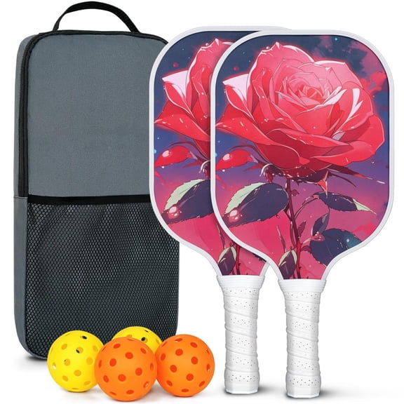 Pickleball Paddles Set Of 2, Fiberglass Surface, Rose, Floral Print, 4 Balls & Bag