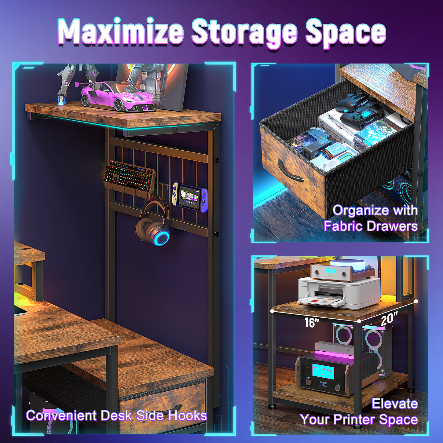 Romorgniz 55"W Gaming Desk Computer Desk with Hutch Corner Desk with LED Lights， Outlets & Monitor Stand for Gaming,Studying,Home Office Desks,Rustic Brown