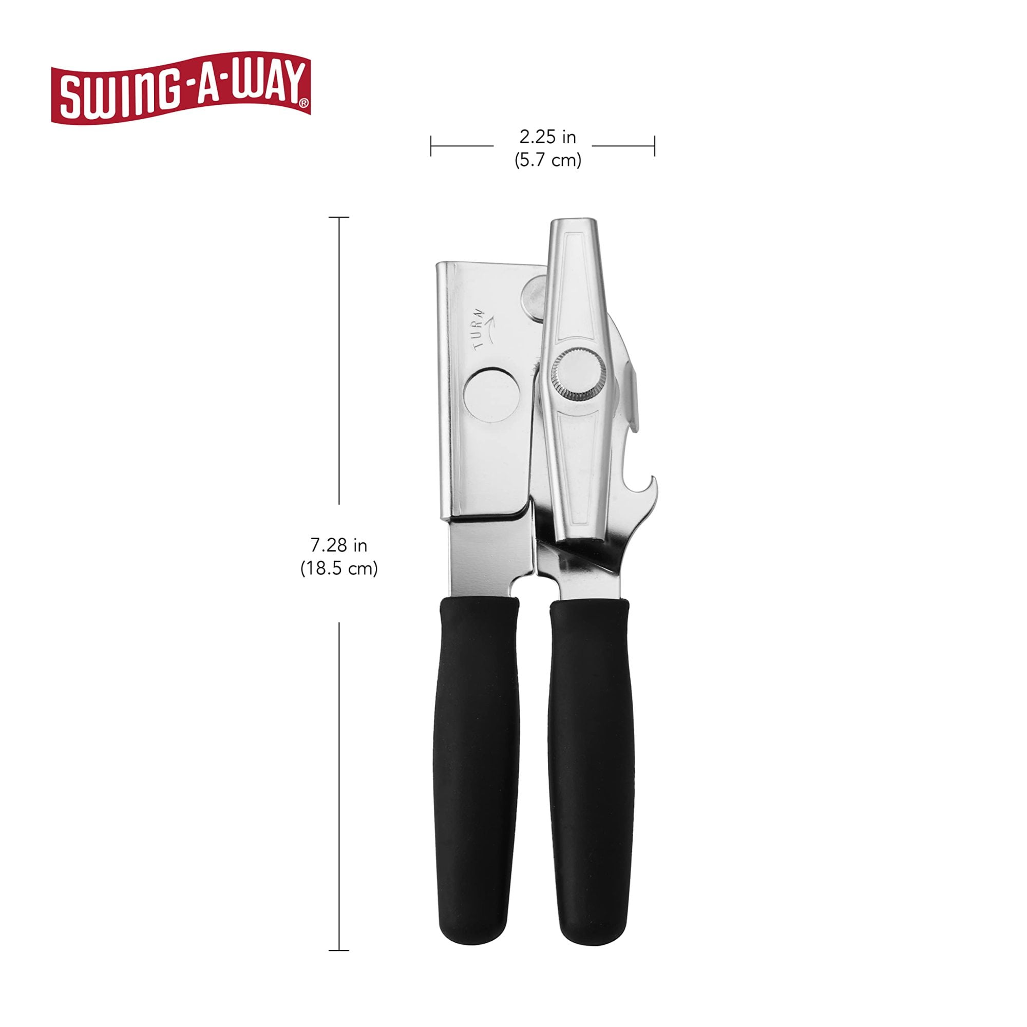 Swing-A-Way 8.6" Portable Can Opener with Sharp Blade, Manual Handheld, 2-in-1 Can & Bottle Opener, Made of Steel, Easy Turn Knob, Kitchen Essential for Cans, Bottles & Jars - 2-Pack (White & Black)