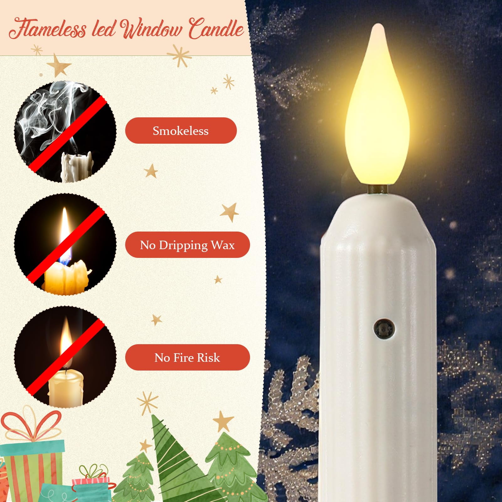Classic Style Christmas Window Decorations - 12 Sets Battery Operated Window Candles with Dusk to Dawn Sensor, Flameless LED Candlesticks Bulk for Xmas Decor