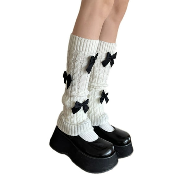 Women Twist Cable Knit Leg Warmer Sweet Bowknot Stretch Leg Cover Boot Socks