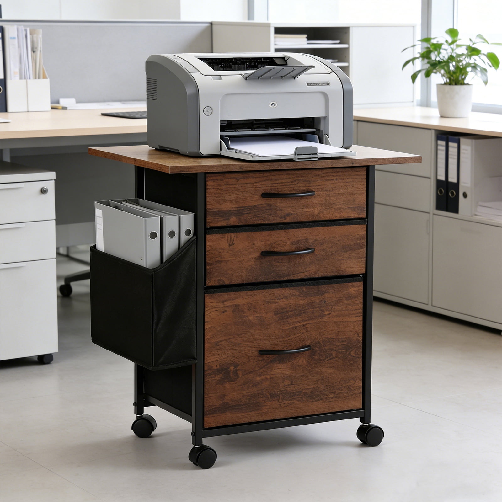 KATHY&BOB Printer Stand with 3 Fabric Drawers, Mobile File Cabinet, Desk Table Cabinet Fits A4 Letter Size, Home Office Furniture, Brown