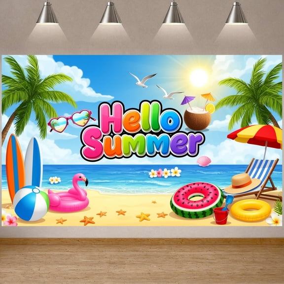 Colorful Tropical Hello Summer Banner Flamingo Pattern Summer Beach Backdrop Coconut Decor Summer Holiday Display for Summer Beach Parties Outdoor Celebrations Family Vacations