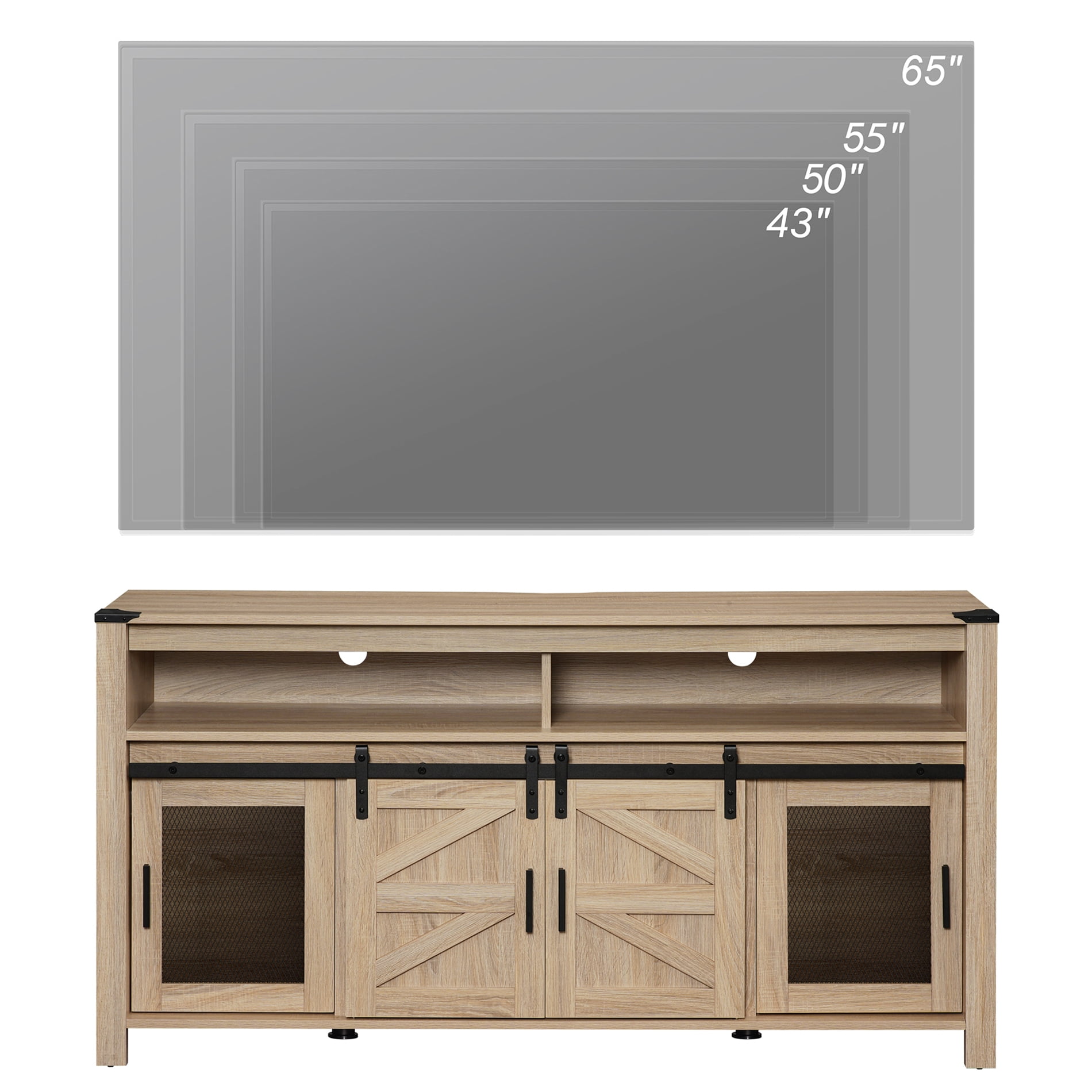 WAMPAT Farmhouse TV Stand with Two Barn Doors and Storage Cabinets for Televisions up to 65 Inch, Entertainment Center Console Table, Media Furniture for Living Room, Light Oak