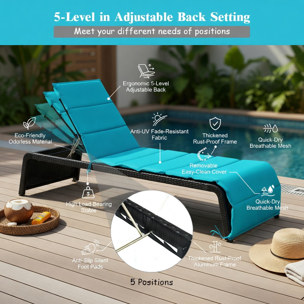 Hommoo Adjustable Outdoor Rattan Chaise Lounge Chair with Thick Cushion, Heavy-Duty Steel Frame, 5-Position Reclining Back, Weather-Resistant PE Wicker for Patio, Pool & Garden, Turquoise