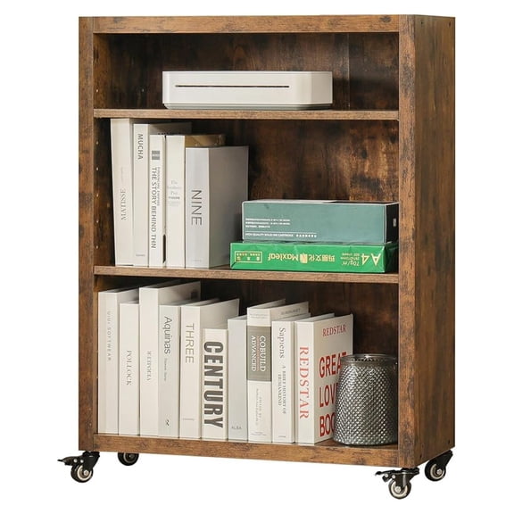 3-Tier Bookshelf with Wheels Book Storage Organizer Bookcase Movable Standing Fixed Shelves Adjustable Shelf Display Shelves Cabinet for Living Room/Bedroom/Office (Antique Brown)