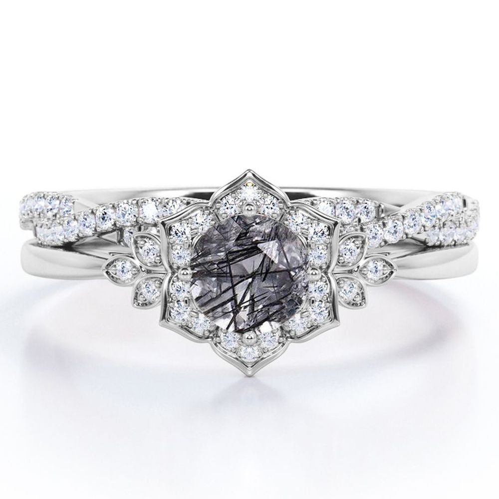 JeenMata Flower Halo Bezel 1.5 Carat Round Cut Natural Dendritic Black Rutilated Quartz and Moissanite Infinity Twisted Band Wedding Ring Set in 18K White Gold Plating over Silver