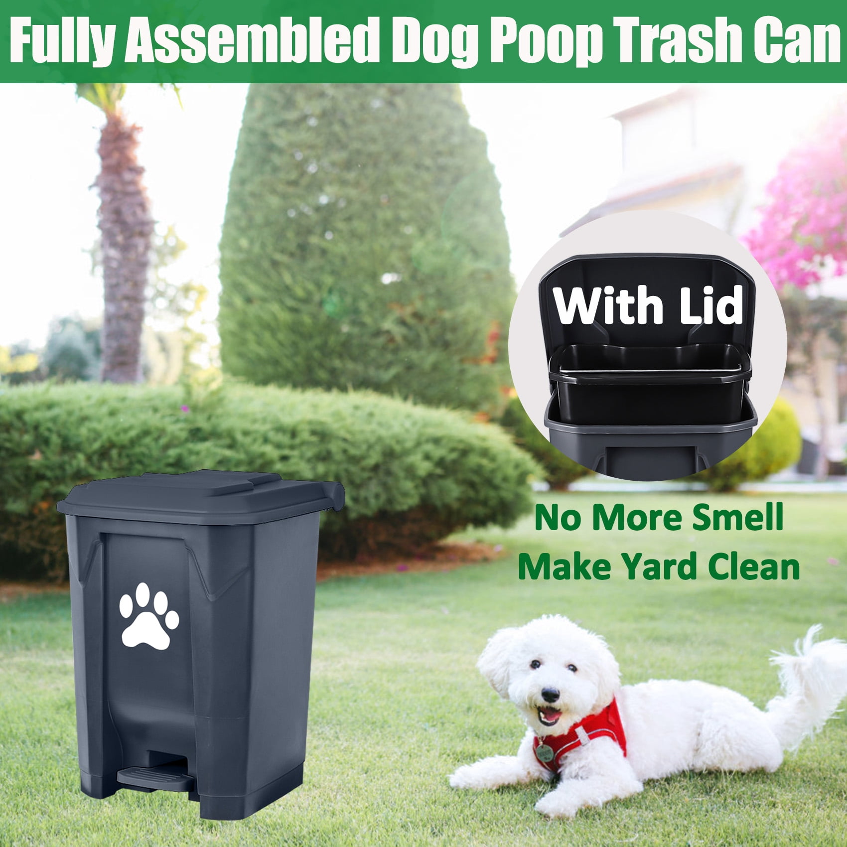 Dog Poop Trash Can Outdoors Pet Waste Station with Lid:15L Plastic Dog Poop Disposal Container with Removable Inner Bin Bucket Foot Pedal Type Garden Yard Home with 5Rolls Waste Bags, Grey