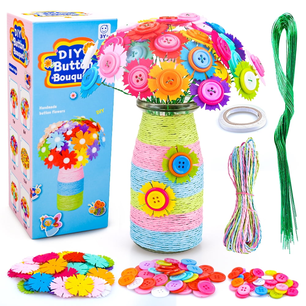 Kids Crafts Toy Gifts for Girl Age 8-12, Birthday Gift Button Felt Flowers  Vase for 6 7 8 9 Year Old Kid Girl Boy DIY Toys Flower Craft Set for 6-11  Year