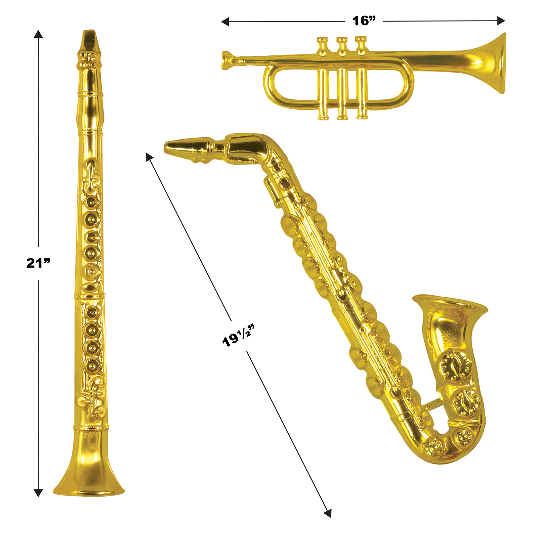 Gold Plastic Musical Instruments, 16"-21", (3/Pkg)