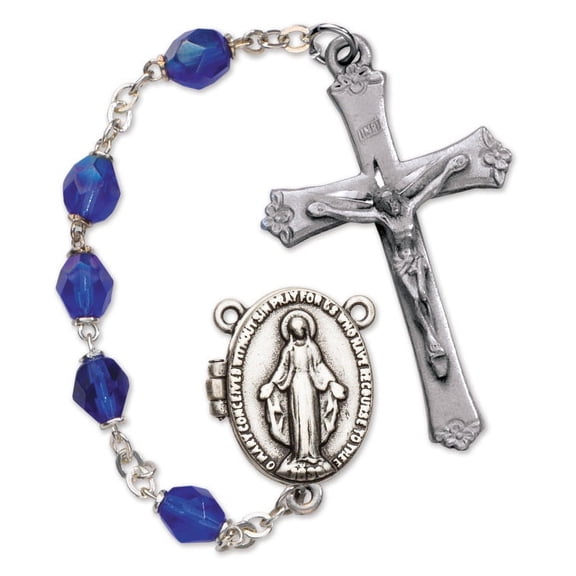 Women's Miraculous Medal Medium Blue Catholic Rosary Beads, Aurora Borealis beads