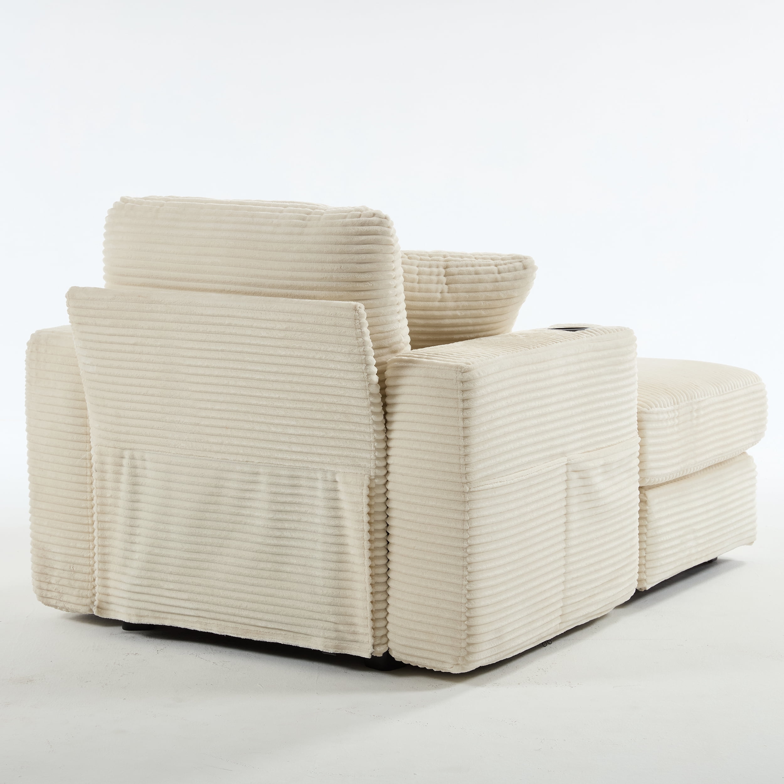 Leumius Chaise Lounge Sofa with Magazine Pocket and Double Cup Holder - Removable Cushions, Ergonomic Corduroy Sofa with Deep Seat, Perfect for Living Room or Home Office,Beige.