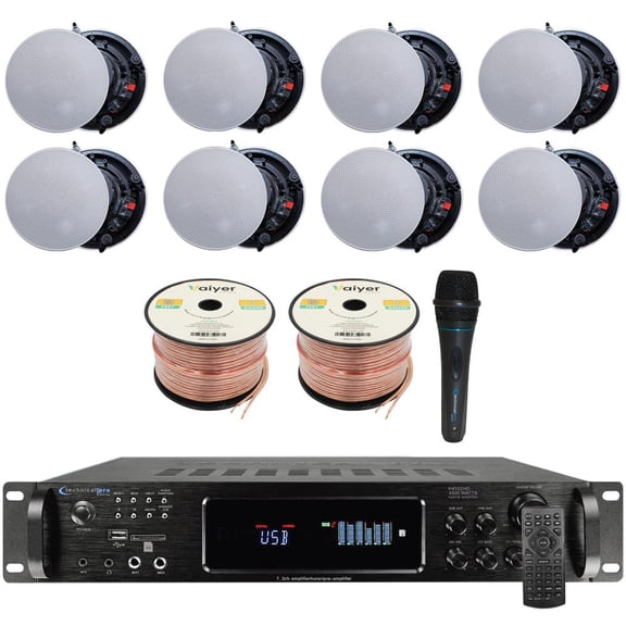 Vaiyer Home Audio System Kit - 7.2 Channel 4500 Watts Bluetooth Amplifier w/ 8 QTY of 5.25" Frameless Ceiling Speakers 175W Each, Mic, 16 AWG 500 ft Speaker Wire & Remote for Home, Office, Restaurant