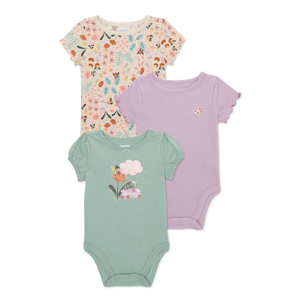 Garanimals Baby Girls Short Sleeve Bodysuits Multipack, 3Pack, Sizes 0