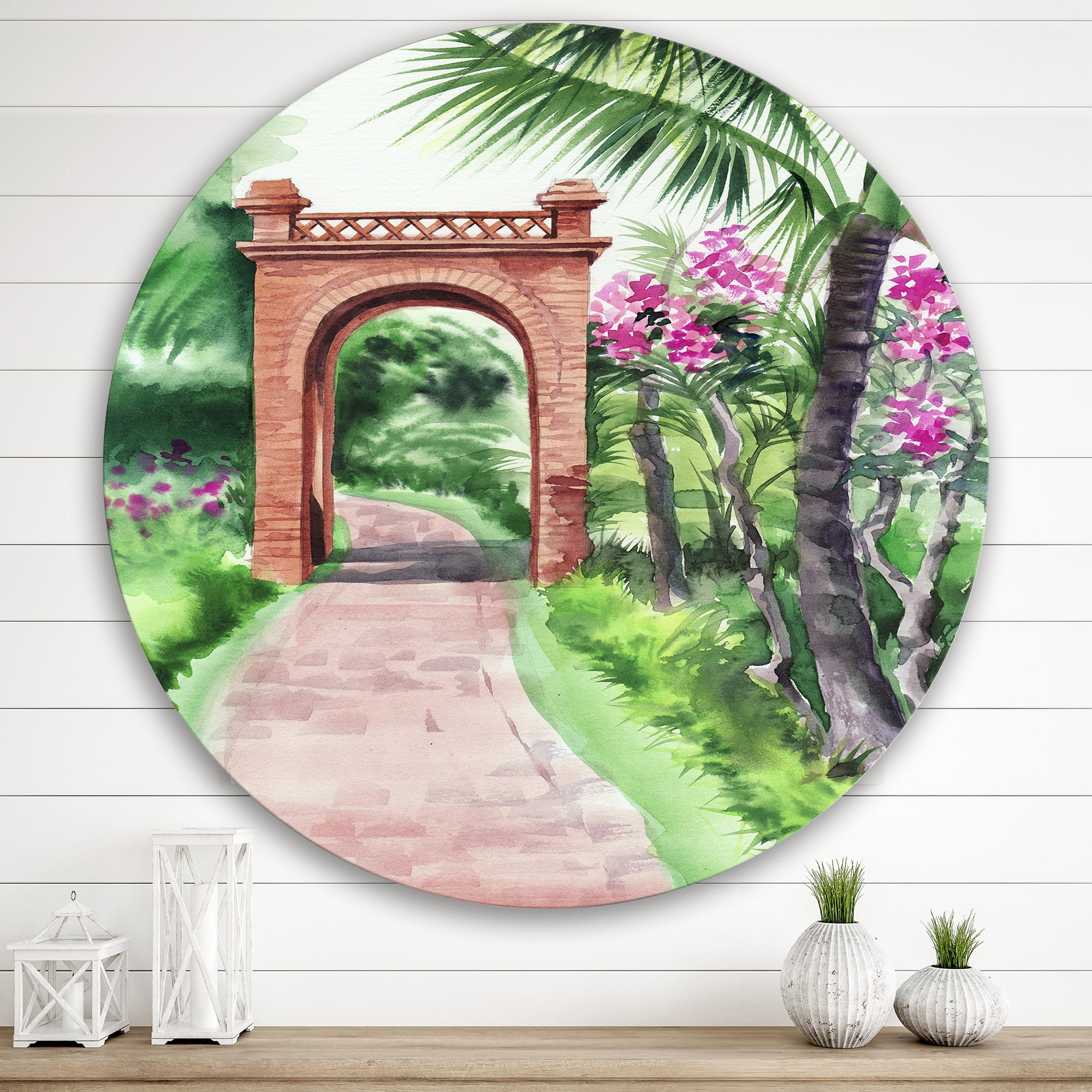 Designart 'Traditional Gate On Path In Tropical Oasis' Tropical Circle Metal Wall Art 36x36 - Disc of 36