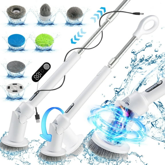 Electric Spin Scrubber,New Bathroom Cleaner, Power Shower Cleaning Brush with Extendable Handle & 6 Brush Heads, Shower Scrubber for Bathtub Tile Grout Kitchen Window and Floor