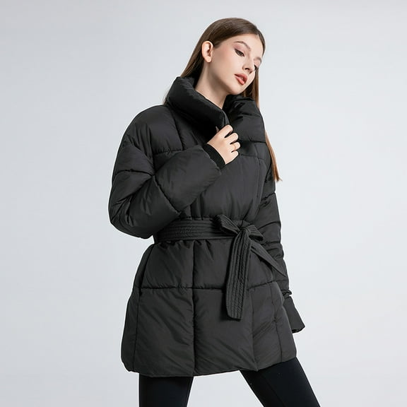 Loose waist jacket mid-length puffer Coat (M, Black)