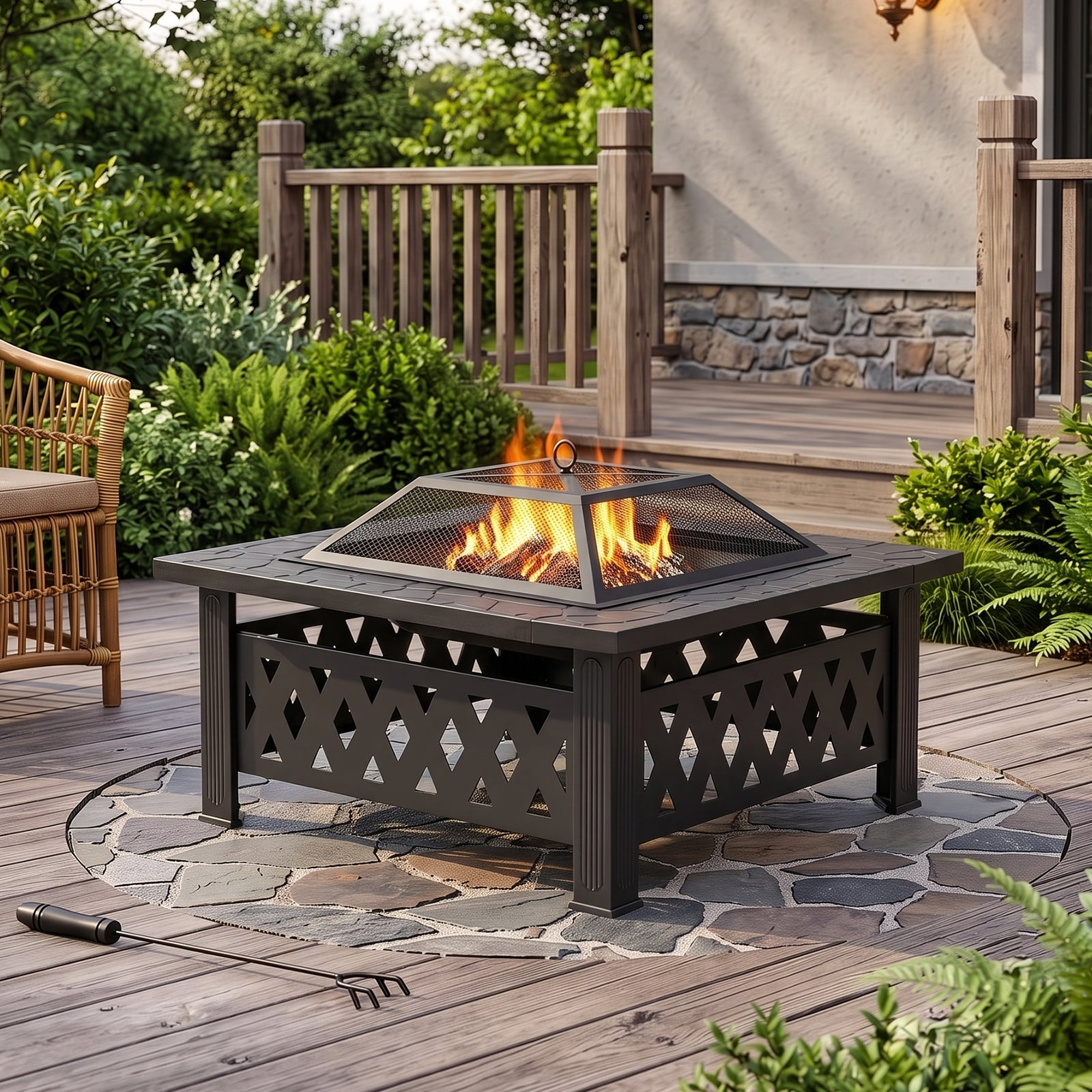 32 Inch Square Outdoor Wood Burning Fire Pit Table, Heavy Duty Wrought Iron Firepit with Pyramid Spark Screen Lid & Fire Poker, Decorative Diamond Cutout Patio Fire Pit for Backyard, Garden, Lawn