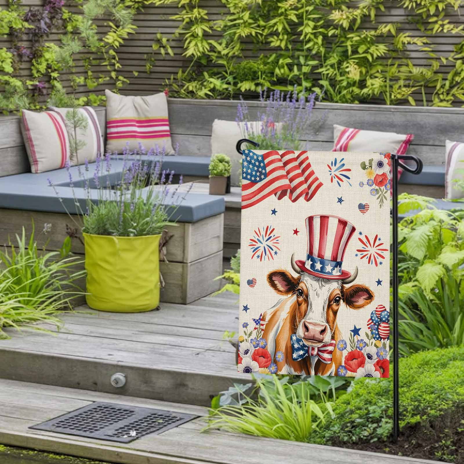 4th of July Garden Flags USA Flag Cow Garden Flag Double Sided Welcome Flag Stars Stripes Hat Fireworks Poppy Independence Day Yard Flags for Outdoor Lawn Porch Memorial Day Holiday Decor 28x40 Inch