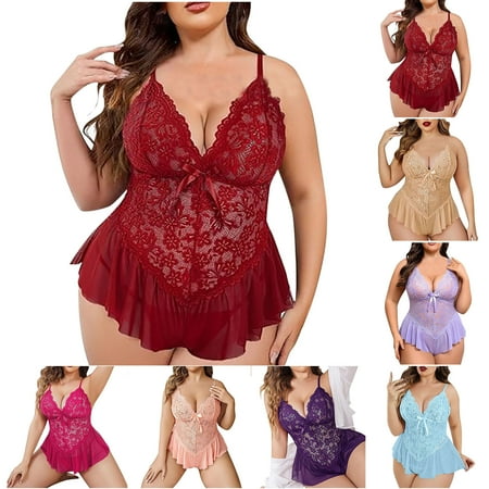 BiZtdJrK 50% Percent off Sales Today  Womens Oversized Sleepwear Lace One Piece Jumpsuits Pajamas Mesh Chemise V Neck Plus Size Bodysuit Lingerie Light Blue L