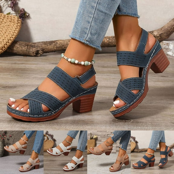 Miluxas Block Heel Sandals for Women Shoes Open Toe Ankle Strap Daily Wedding Party Buckle Low Heels Sandals White 9.5(43)