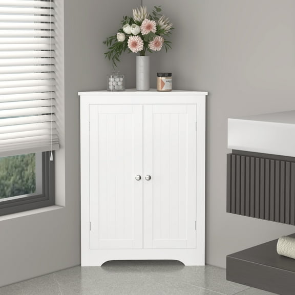 Noble House Dorris 23.6" Floor Corner Storage Cabinet with 2 Doors and Adjustable Shelf, Wooden Narrow Organizer, White