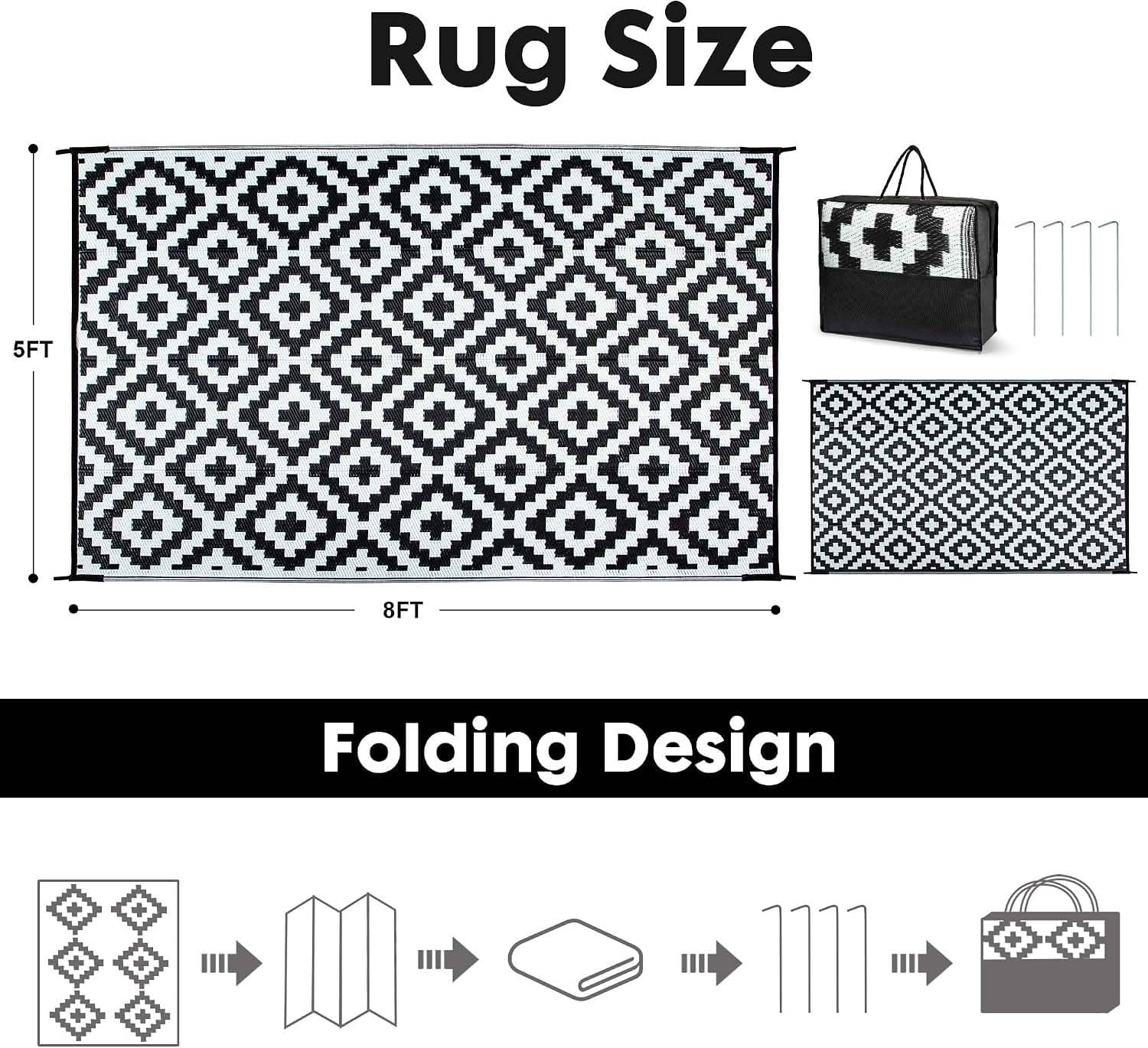 MAYEERTY 9x12 FT Plastic Straw Outdoor Patio Rug, Reversible Diamond Pattern Floor Mat Black and White, Waterproof UV Resistant Large RV Rug for Backyard Deck Beach Camping Picnic Trailer