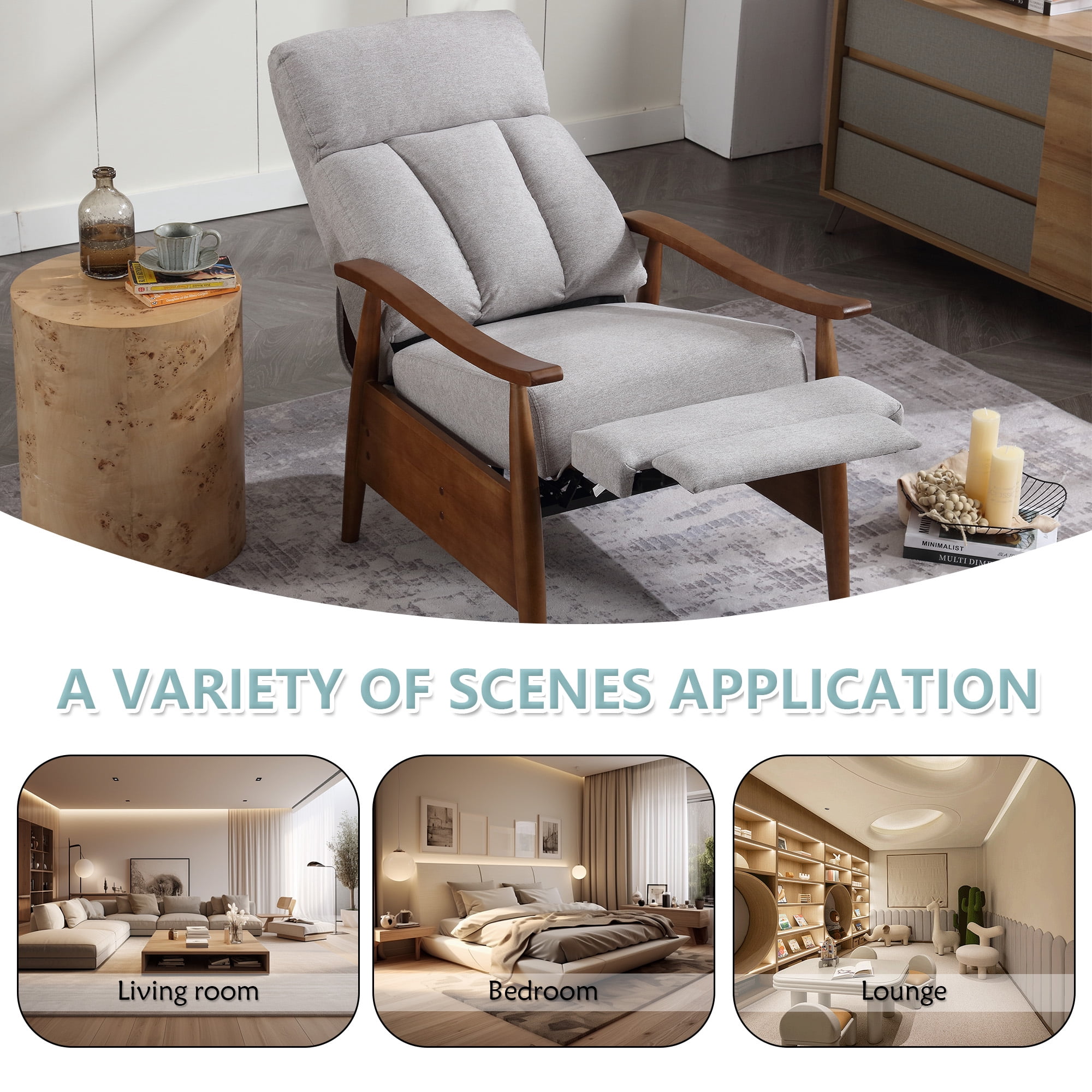 MOONMISS Linen Upholstered Wood Frame Adjustable Recliner Lounge Armchair for Living Room-Light Gray