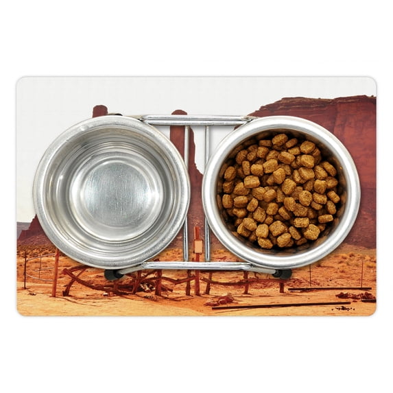 Canyon Pet Mat for Food and Water, Scenic Monument Valley on Western Desert Odd Formation of Rock and Cliff Print, Non-Slip Rubber Mat for Dogs and Cats, 18" X 12", by Ambesonne