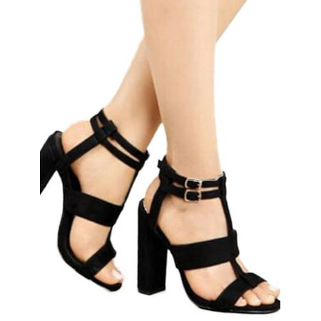 Women High Chunky Block Heels Sandals Buckle Ankle Strappy Slingback Party (Best High Heels For Overweight)