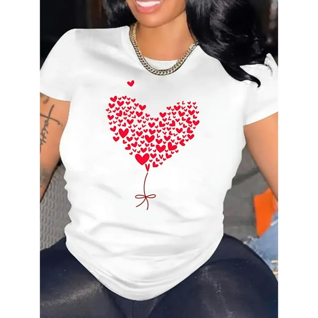T-Shirt Noir Décontracté pour Femme avec Graphique d'Arbre à Cœurs Rouges - Manches Courtes, Col Rond, Mélange de Polyester Confortable, Idéal pour la Mode d'Été, Tenue Décontractée/haut Tendance pour Femme/texture Tricotée Fête des Pères