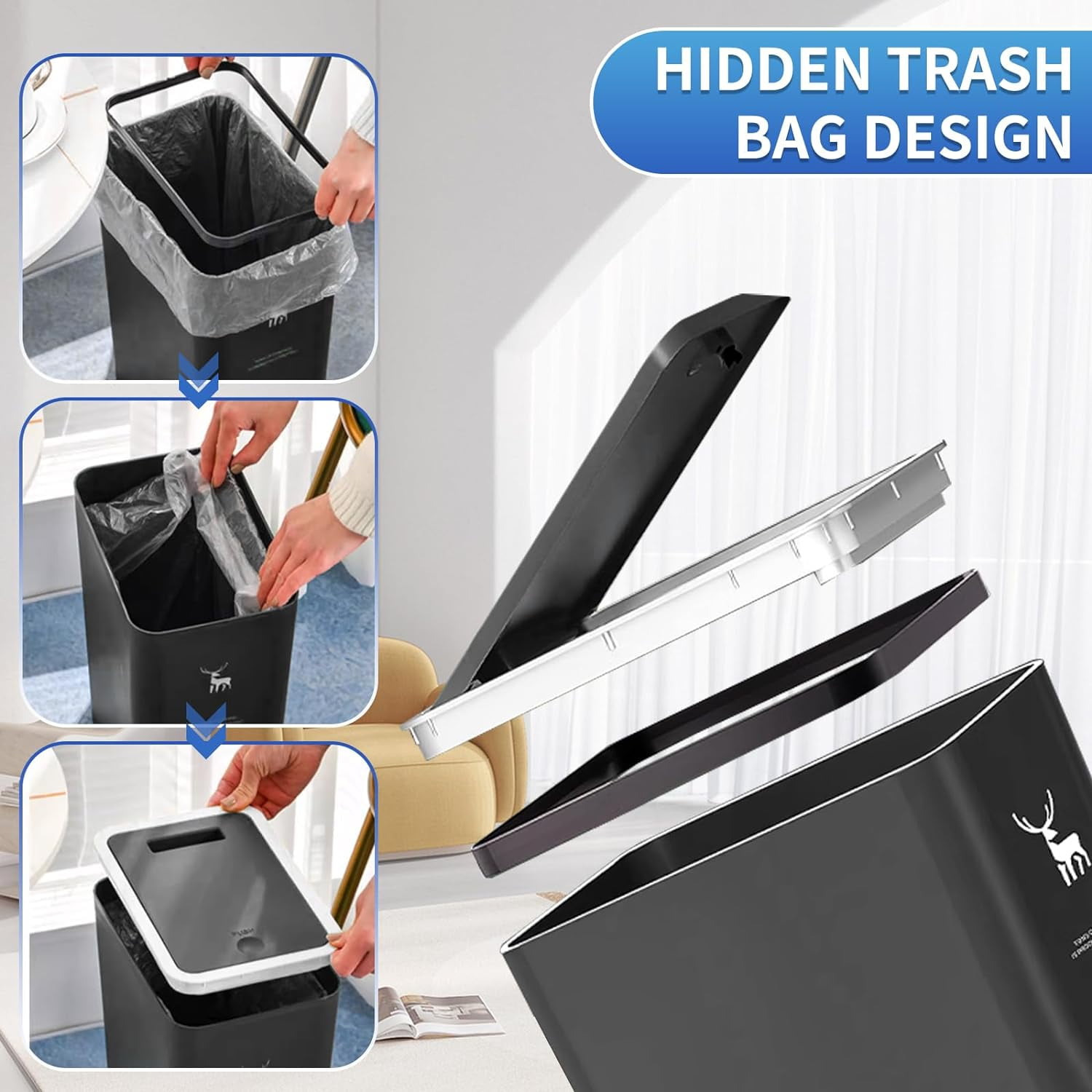 TEXIJUSO Trash Can with Lid, 2 Pack 4 Gallons/15 L Garbage Can with Press Top, Small Trash Can Dog Proof, Plastic Trash Bin, Waste Basket for Bathroom Kitchen Bedroom Office Living Room Study (Black)
