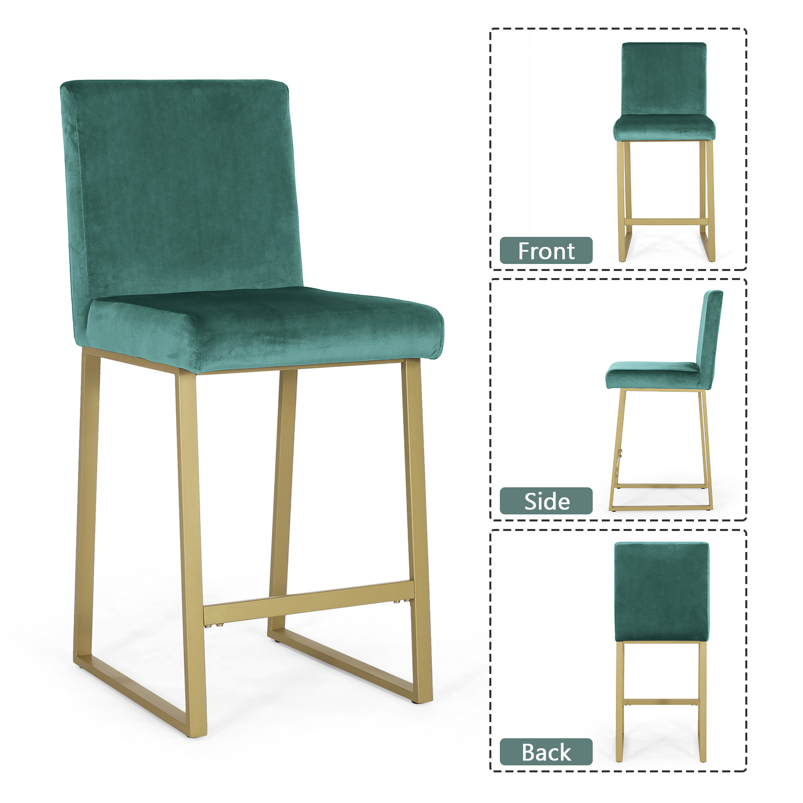 Kadyn 2pcs Upholstered Back Counter Height Barstool, Modern Dinner Chairs with Iron Chair Leg, Kitchen Pub Chair for Dining Room, Turquoise