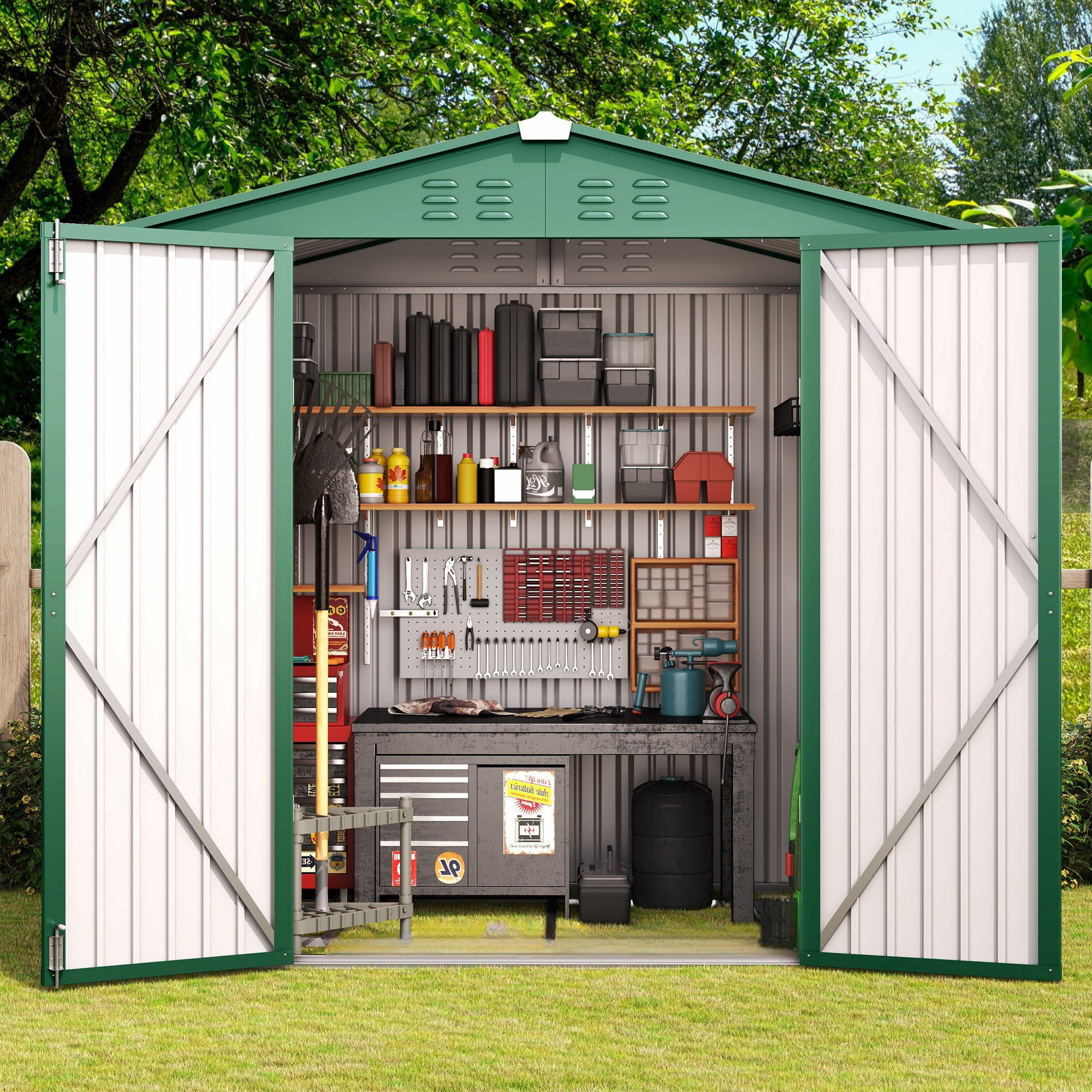Outdoor Storage Shed 6 x 4 t（24.6 sq. ft.）Metal Garden Shed with Double Lockable Doors,for Backyard Patio Lawn-Green