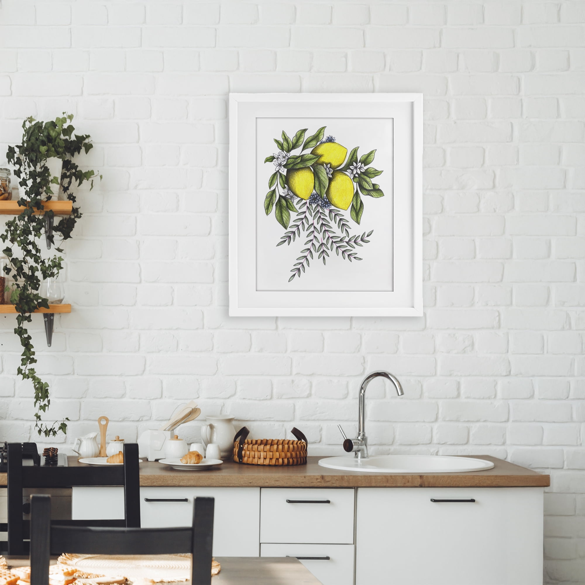 Lemons & Flowers Vintage Sketch White Framed Print Under Glass, design by Cecilia Battaini
