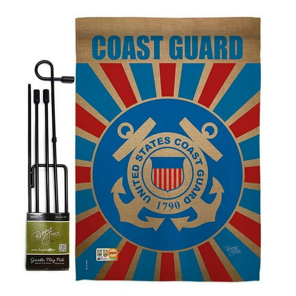 BD-MI-GS-108397-IP-BO-D-US18-CG 13 x 18.5 in. Coast Guard Burlap Americana Military Impressions Decorative Vertical Double Sided Garden Flag Set with Banner Pole