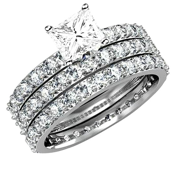 Huge 3 Carat Trio Diamond and Man made diamond moissanite Wedding Bridal Set Sterling Silver with 18k Gold Plating