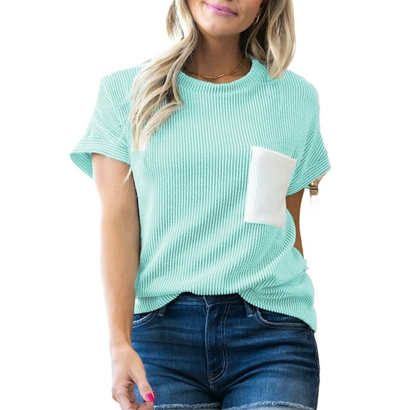 Women's Light Blue Corded Knit Color Block Crew Neck T-Shirt with Pocket | [ZhiHiMeRi] | (US 12-14)L