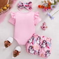 thumbnail image 4 of CAUYDY Little Kid Baby Girl Summer Short Sleeve Romper & Graphic Elastic Shorts & Headband 3Pcs Outfit Set for Newborn Toddler Girls 3-24Months (Sizes 12-18 Months,P5-Pink), 4 of 9