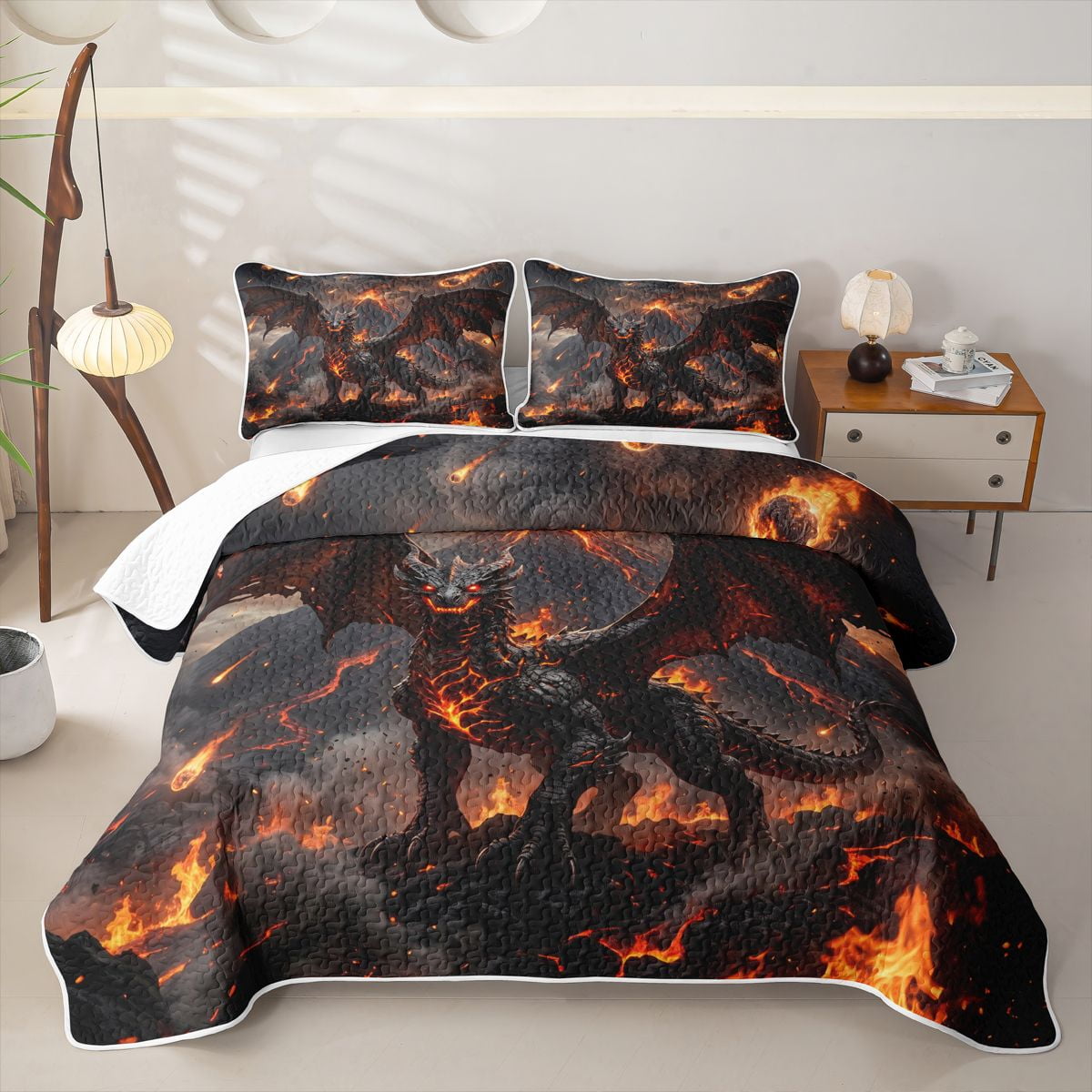 Manfei Fantasy Dragon Animals Twin Quilt Set Gothic Wildlife Twin Coverlet Set Orange Red 2pcs 1 Bedspread and 1 Pillowcase