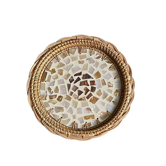 Round Rattan Tray, seabed shell inlay, Kitchen Decor Serving Tray for Coffee Table top Ottoman Tray Bed Table Tray Couch Tray Valet Tray Decorative Serving Tray for Rustic Home Decor Farmhouse Decor