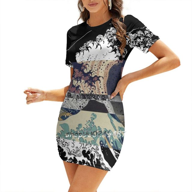 The Great Wave Color Glitch Sweetheart Knot Flared Dress Fashion Design Large Size Loose Dress Threshold Inverted Tumblr