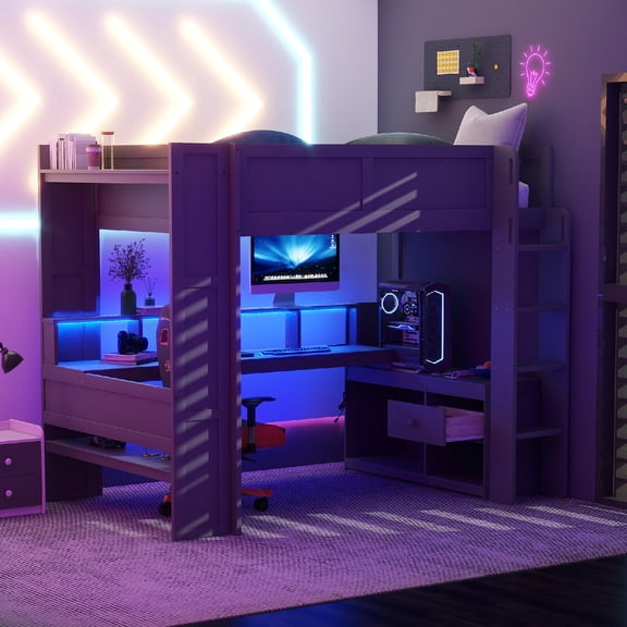 Full Size Gaming Loft Bed Frame with Desk and Power Outlet, Wooden Loft Bed with LED Lights and Multi-storage Shelves, Space Saving for Bedroom, Apartment, Dorm, Mattress Not Included, Dark Grey