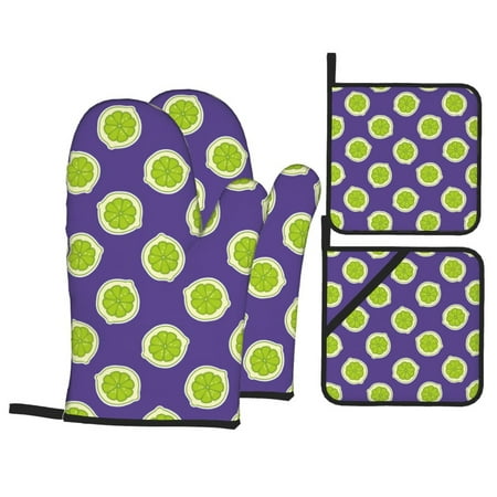 

Oven Mitts and Pot Holders Sets 4 pcs Cute Limes Purple Non-Slip Oven Gloves Potholders Soft Quilted Lining Heat Resistant Gloves Hot Pads for Kitchen Cooking Baking